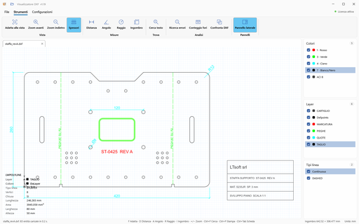Visualizzatore DXF con un disegno di lamiera aperto e il contorno selezionato con area e perimetro