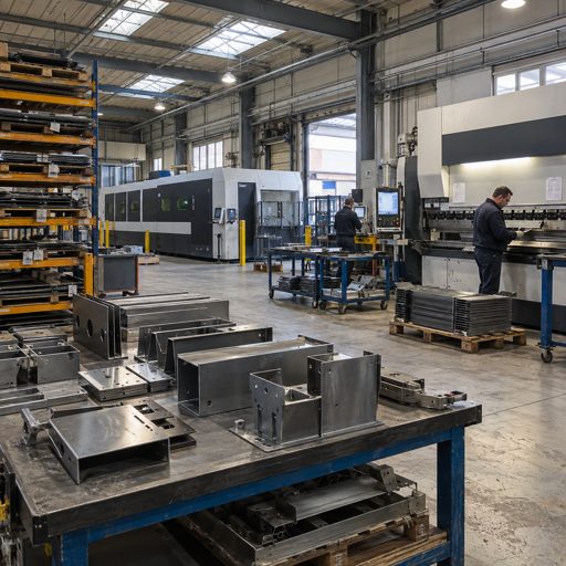 Officina di lavorazione lamiera con pressa piegatrice, laser e pezzi piegati